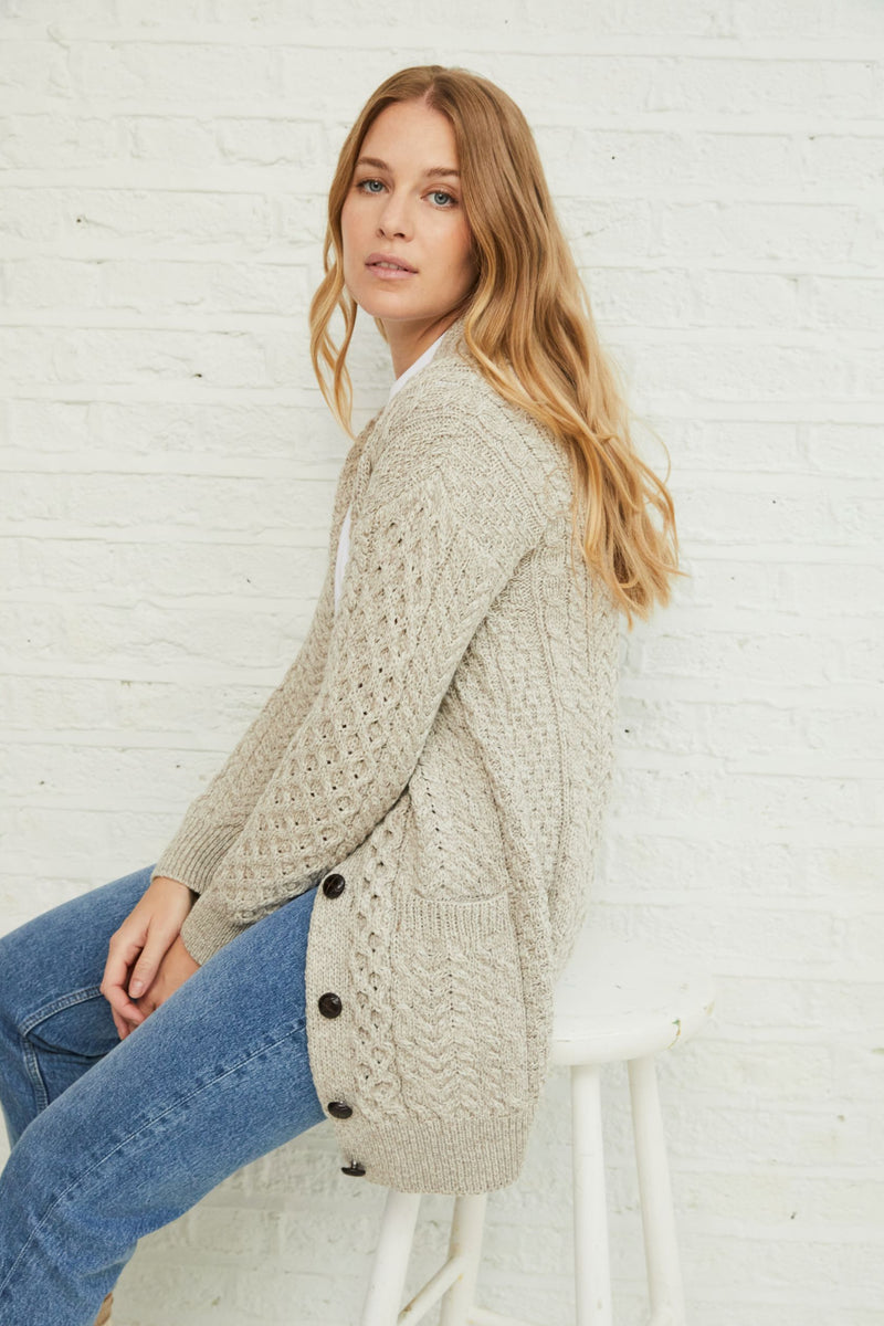 Merino wool, ladies cardigan, knitwear, made in Ireland, wool, Ireland, boyfriend, Buttoned cardigan, aran, cable knit, oat
