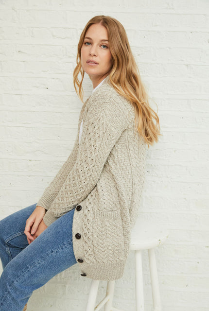 Merino wool, ladies cardigan, knitwear, made in Ireland, wool, Ireland, boyfriend, Buttoned cardigan, aran, cable knit, oat
