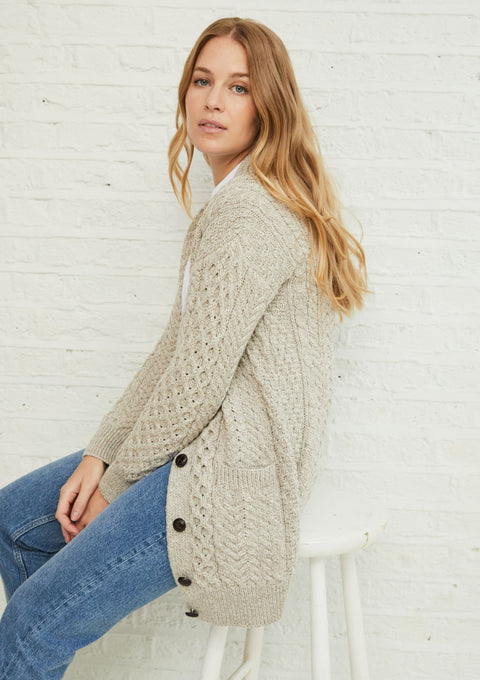 Merino wool, ladies cardigan, knitwear, made in Ireland, wool, Ireland, boyfriend, Buttoned cardigan, aran, cable knit, oat