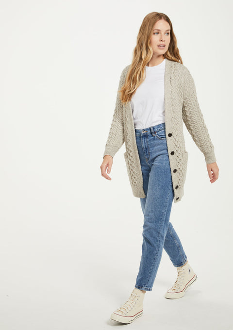 Merino wool, ladies cardigan, knitwear, made in Ireland, wool, Ireland, boyfriend, Buttoned cardigan, aran, cable knit, oat
