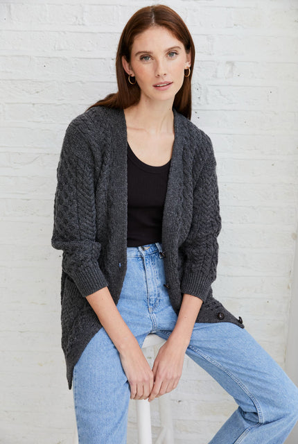 Merino wool, ladies cardigan, knitwear, made in Ireland, wool, Ireland, boyfriend, Buttoned cardigan, aran, cable knit, grey