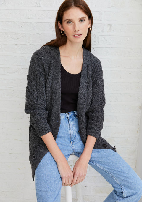 Merino wool, ladies cardigan, knitwear, made in Ireland, wool, Ireland, boyfriend, Buttoned cardigan, aran, cable knit, grey