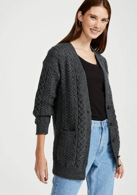 Merino wool, ladies cardigan, knitwear, made in Ireland, wool, Ireland, boyfriend, Buttoned cardigan, aran, cable knit, grey