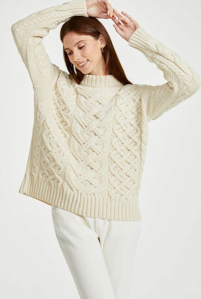 Dingle Ladies Aran Trellis Sweater - Cream
