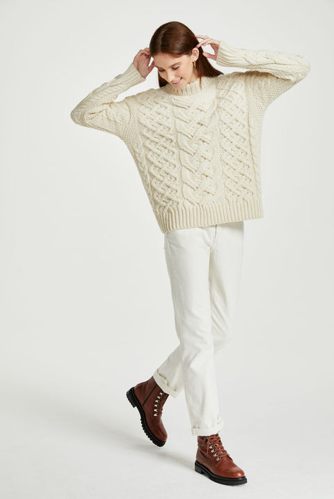 Dingle Damen Aran Trellis Pullover - Creme