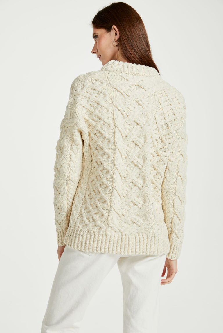 Dingle Ladies Aran Trellis Sweater - Cream