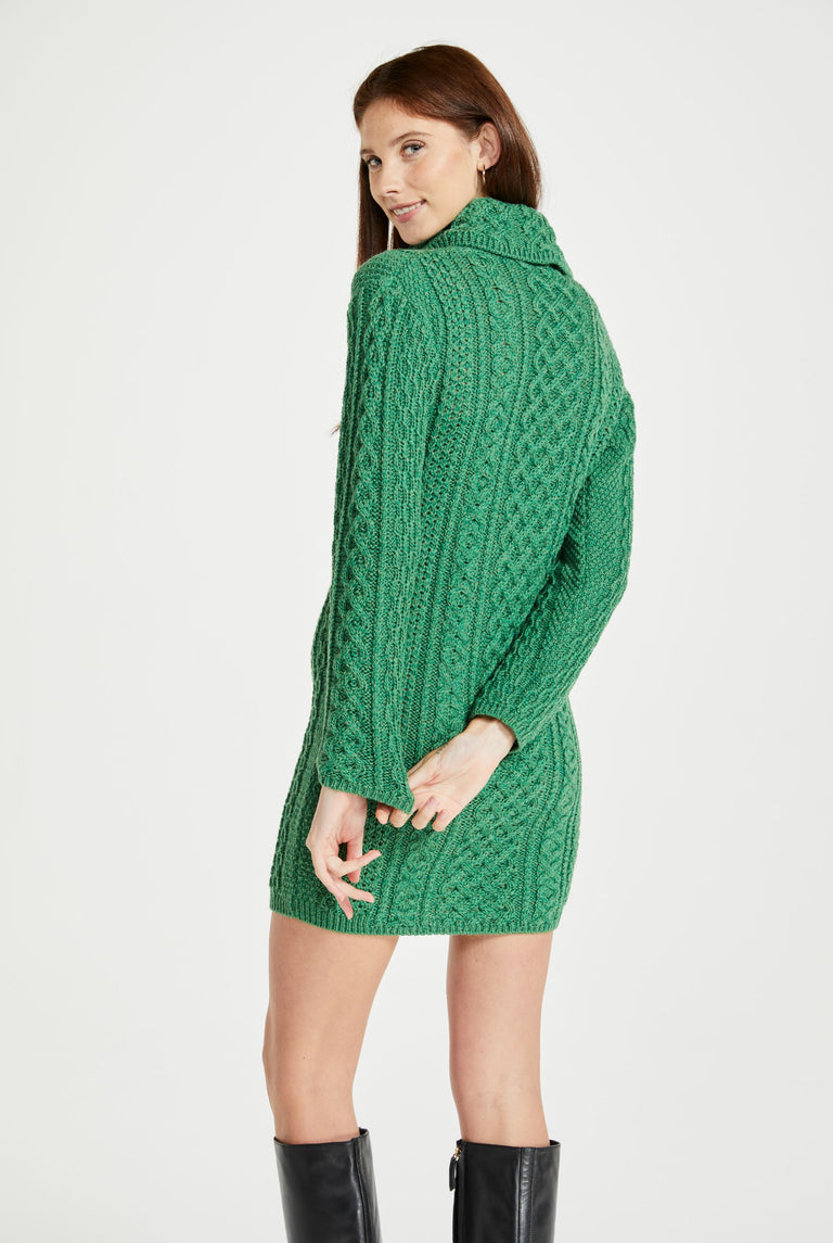 Curragh Cowl Neck Aran Sweater Dress - Green