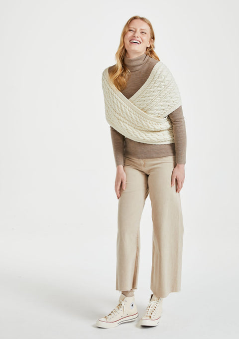 Merino wool wrap, aran wool, aran knit, wool, made in Ireland, knitwear, cream