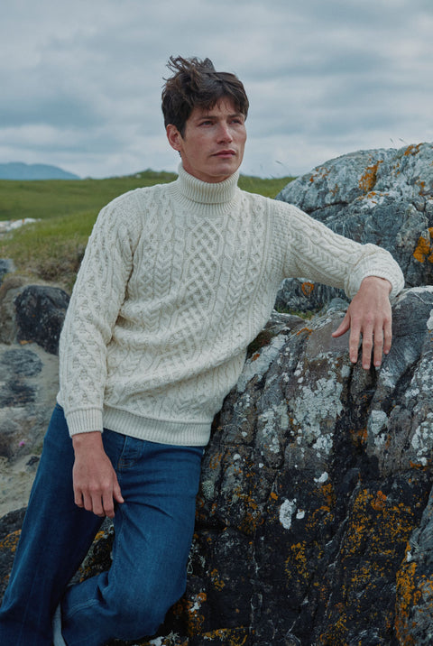 Pull à col polo Aran pour homme Kylemore - Crème