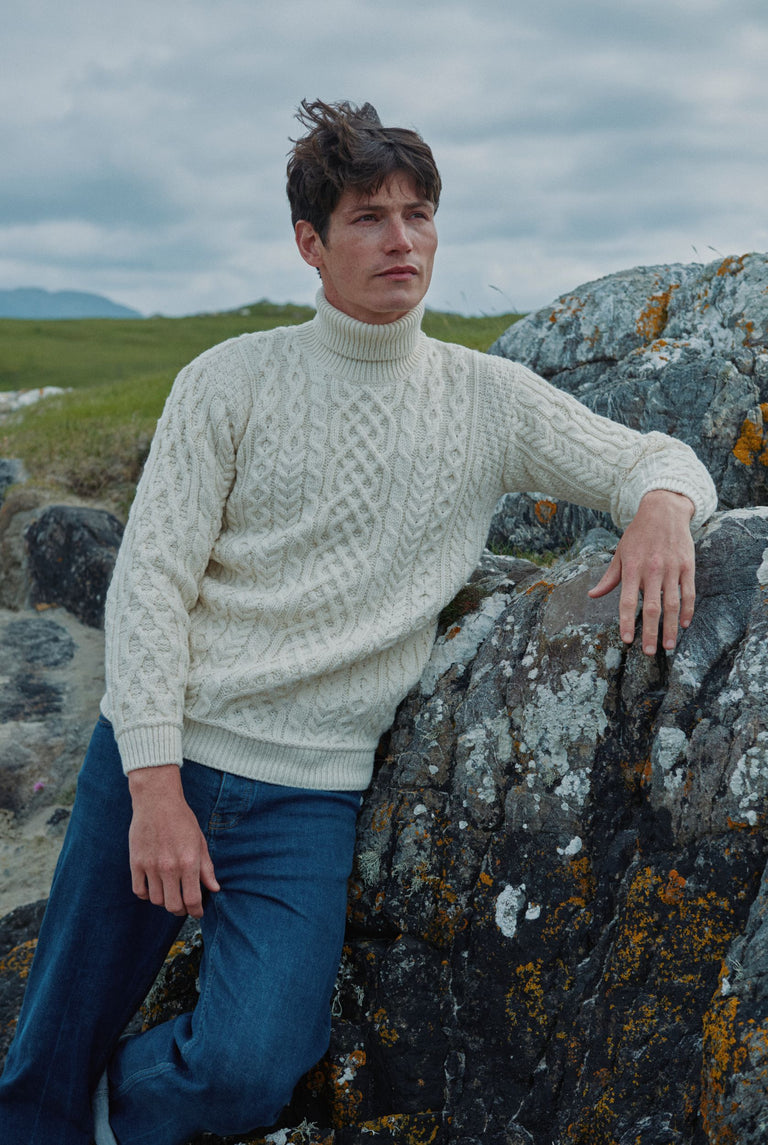 Pull à col polo Aran pour homme Kylemore - Crème