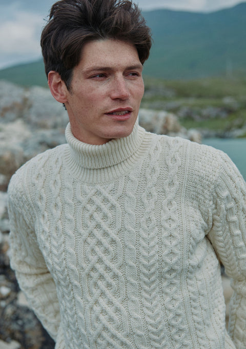 Merino wool, sweater, Ireland, Aran wool, jumper, Pullover, men's sweater, made in Ireland, knitwear, cable knit, polo neck sweater