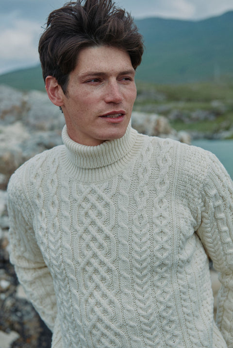 Kylemore Herren Aran Rollkragenpullover - Creme