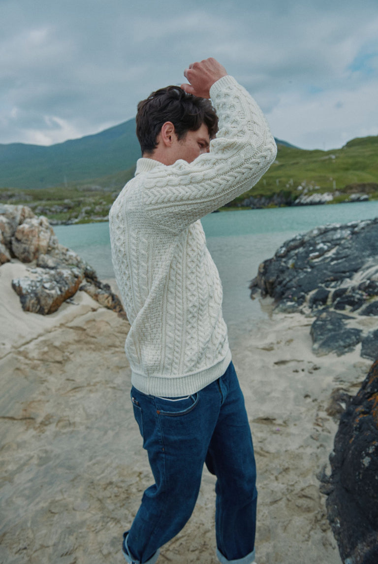 Pull à col polo Aran pour homme Kylemore - Crème