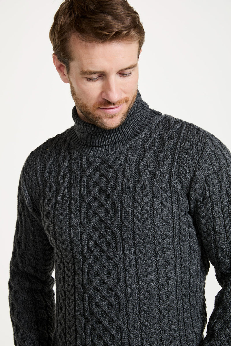 Merino wool jumper, men's sweater, made in Ireland, knitwear, aran, Irish sweater, cable knit, polo neck,grey