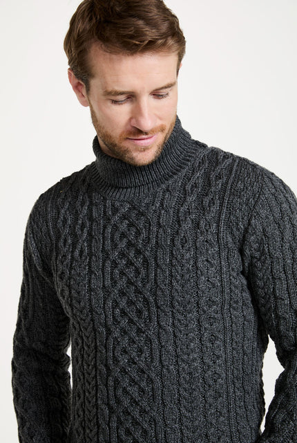 Merino wool jumper, men's sweater, made in Ireland, knitwear, aran, Irish sweater, cable knit, polo neck,grey