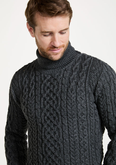 Merino wool jumper, men's sweater, made in Ireland, knitwear, aran, Irish sweater, cable knit, polo neck,grey