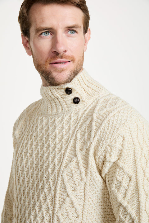 Moyne Mens Aran Sweater with Button Collar - Cream