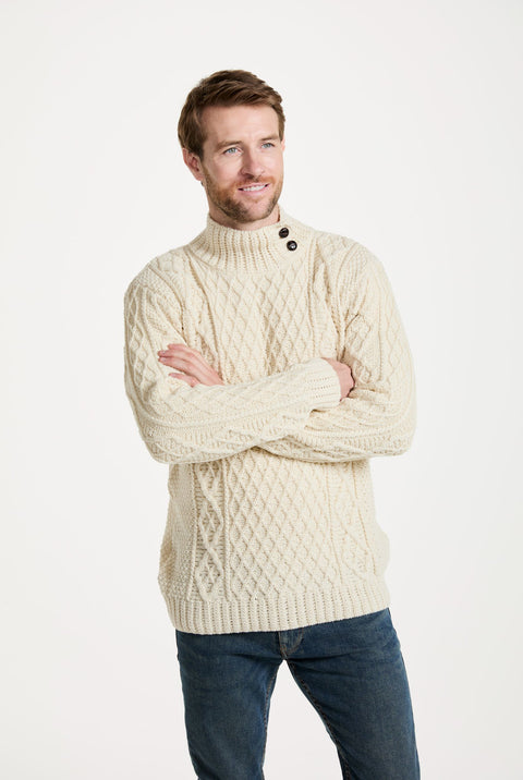 Moyne Mens Aran Sweater with Button Collar - Cream