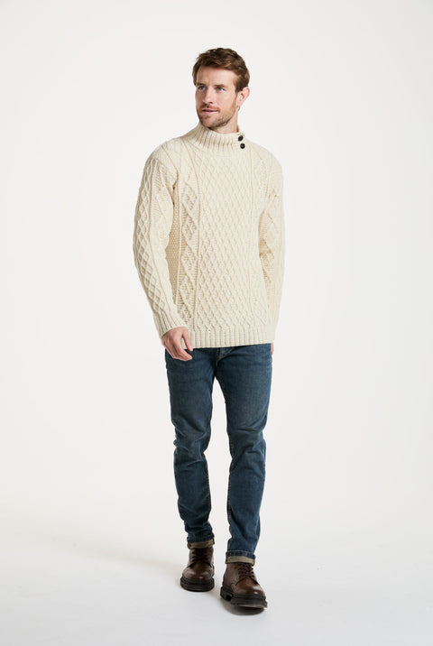 Moyne Mens Aran Sweater with Button Collar - Cream