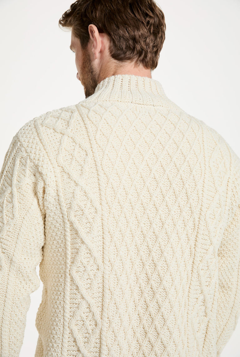 Moyne Mens Aran Sweater with Button Collar - Cream