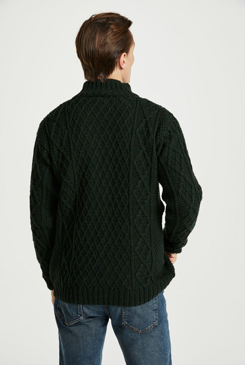 Moyne Mens Aran Sweater with Button Collar - Green