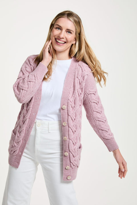 Downpatrick Ladies Aran Cardigan - Pink