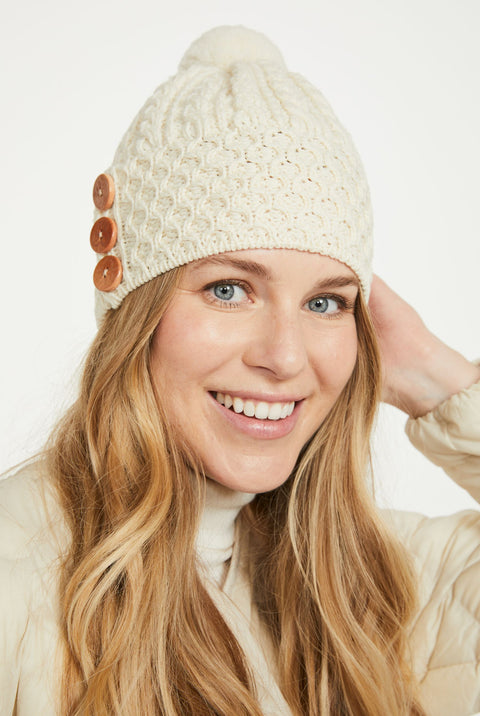 Shrule Aran Hat with Pom Pom - Cream