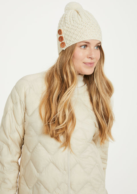 Merino wool, Hat & Scarf, wool hats, Arran knitwear, knitwear, cream, gift, Ireland, Pom pom, ladies hats