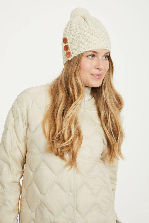 Shrule Aran Hat with Pom Pom - Cream