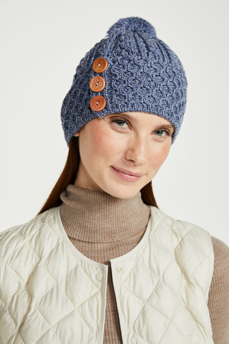 Ladies' hat, merino wool, wool hats,aran, knitwear, made in Ireland, Hat & Scarf, gift,denim, Ireland, pom pom