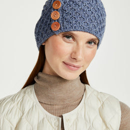Shrule Merino Aran Mütze mit Bommel - Denim