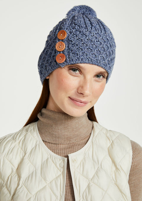 Ladies' hat, merino wool, wool hats,aran, knitwear, made in Ireland, Hat & Scarf, gift,denim, Ireland, pom pom