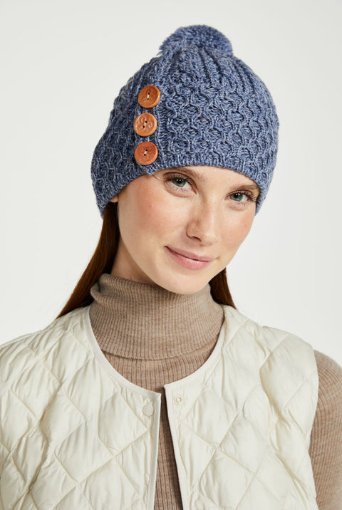 Shrule Aran Hat with Pom Pom - Denim