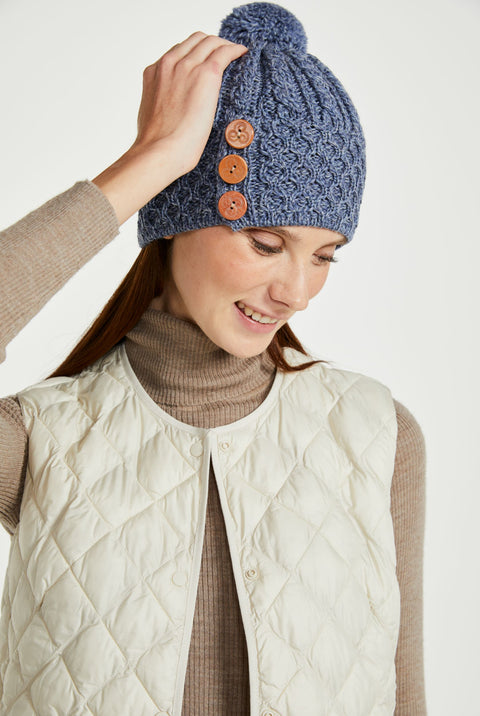 Shrule Aran Hat with Pom Pom - Denim