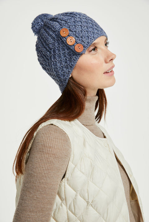 Shrule Aran Hat with Pom Pom - Denim