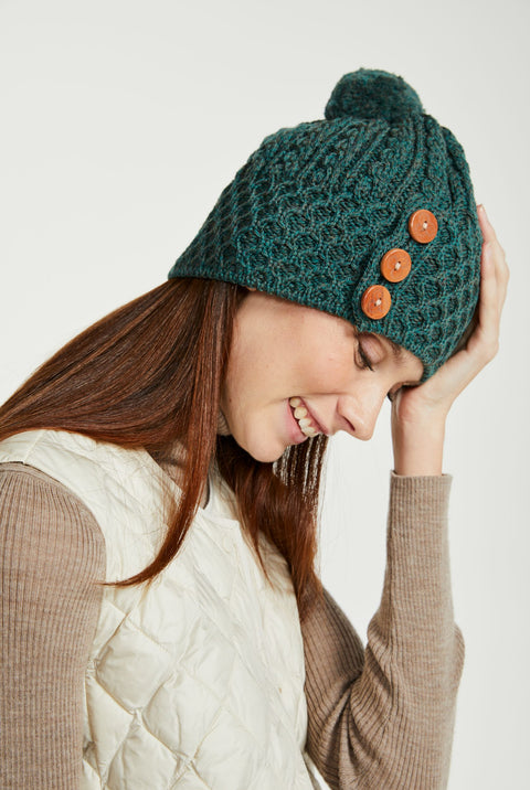 Shrule Aran Hat with Pom Pom - Forest Green