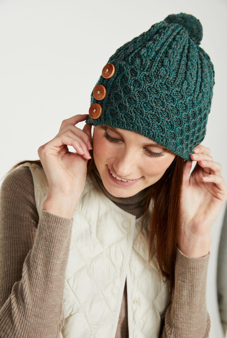 Shrule Aran Hat with Pom Pom - Forest Green