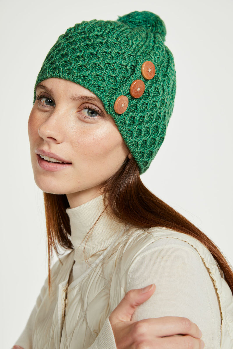 Ladies' hat, merino wool, wool hats,aran, knitwear, made in Ireland, Hat & Scarf, gift, green, Ireland,pom pom