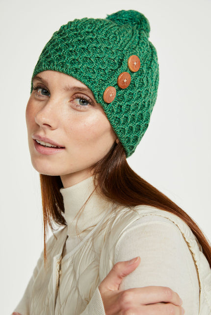 Ladies' hat, merino wool, wool hats,aran, knitwear, made in Ireland, Hat & Scarf, gift, green, Ireland,pom pom