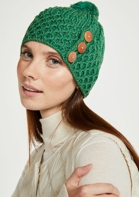 Ladies' hat, merino wool, wool hats,aran, knitwear, made in Ireland, Hat & Scarf, gift, green, Ireland,pom pom