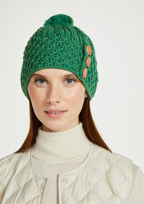 Ladies' hat, merino wool, hats,aran, knitwear, made in Ireland, Hat & Scarf, gift, green, Ireland, Pom Pom
