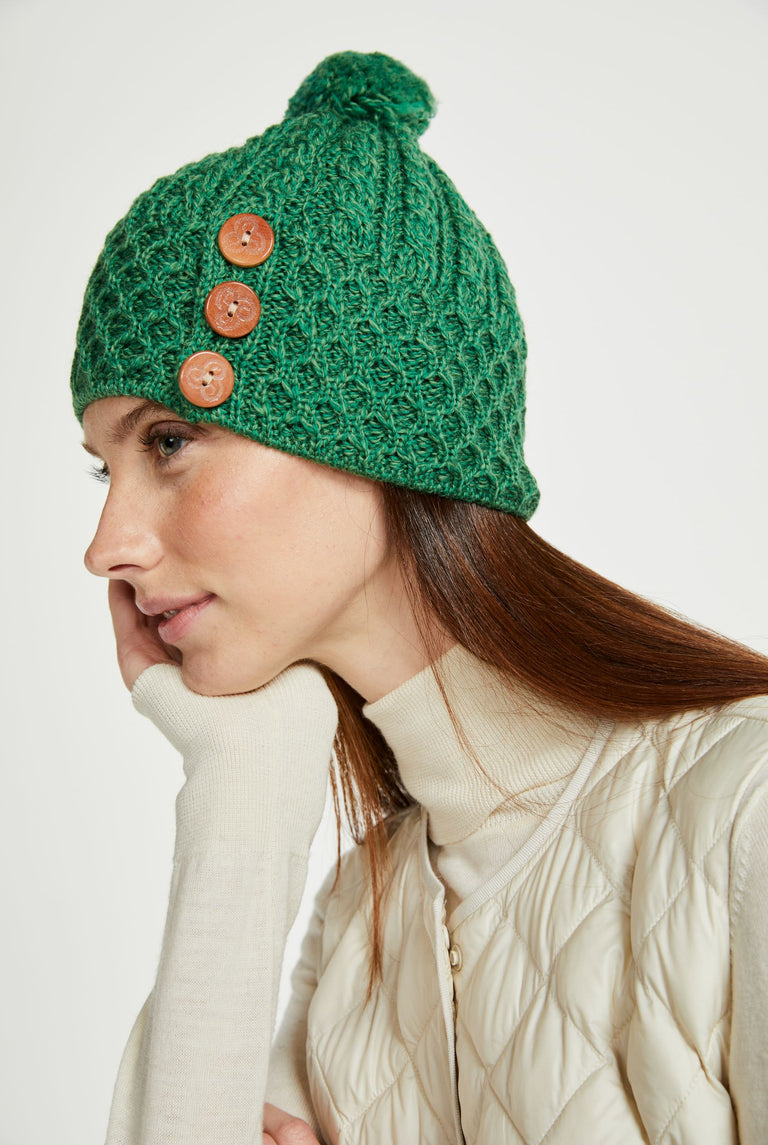 Shrule Aran Hat with Pom Pom - Green