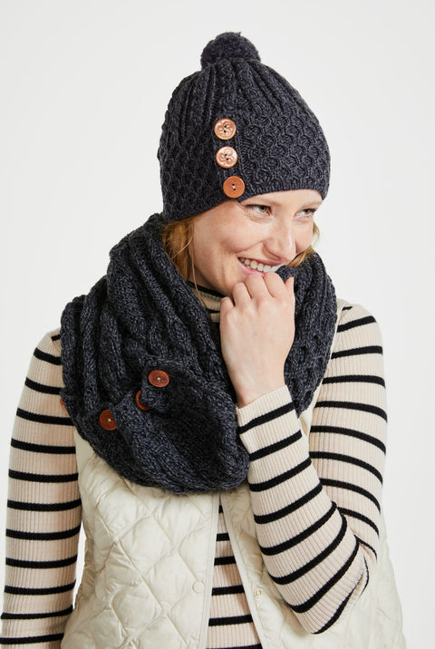 Shrule Aran Hat with Pom Pom - Grey