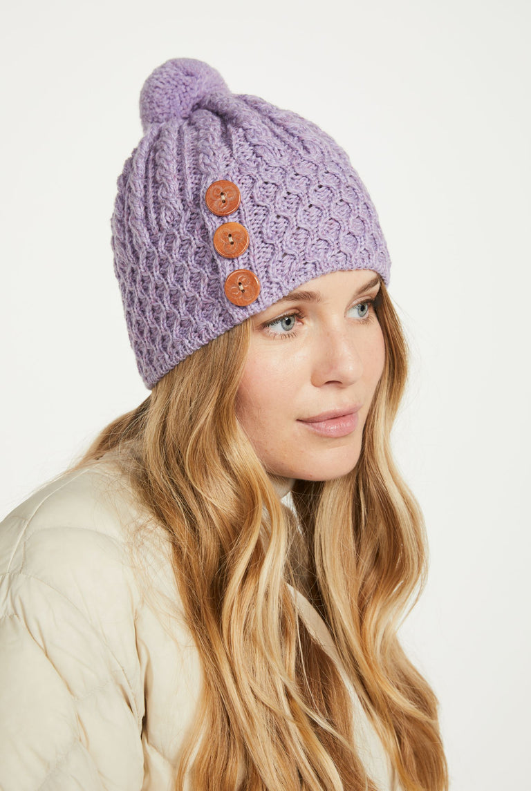 Shrule Aran Hat with Pom Pom - Lavender