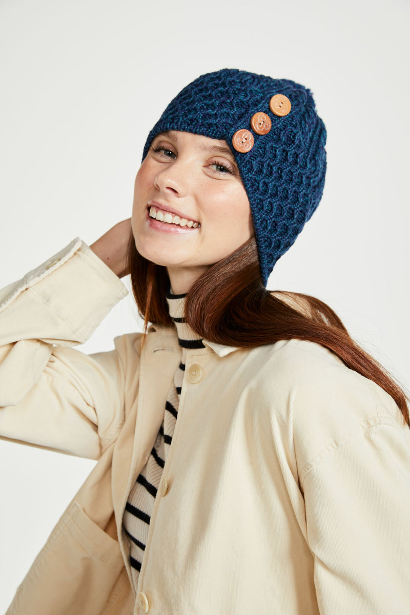 Ladies' hat, merino wool, wool hats,aran, knitwear, made in Ireland, Hat & Scarf, gift, navy, Ireland,pom pom