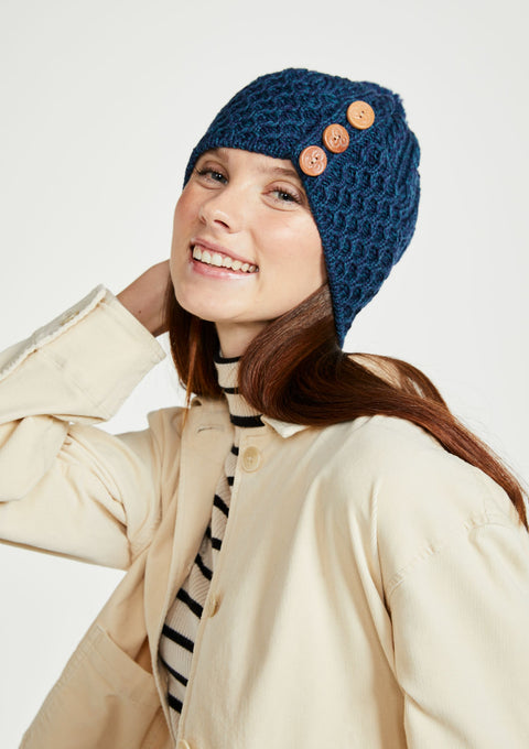 Ladies' hat, merino wool, wool hats,aran, knitwear, made in Ireland, Hat & Scarf, gift, navy, Ireland,pom pom