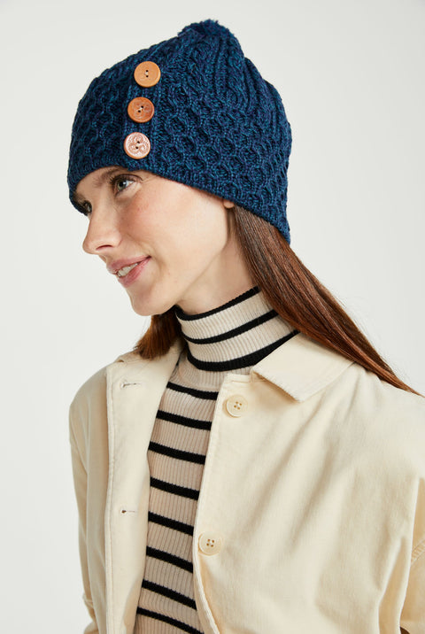 Shrule Aran Hat with Pom Pom - Atlantic Blue