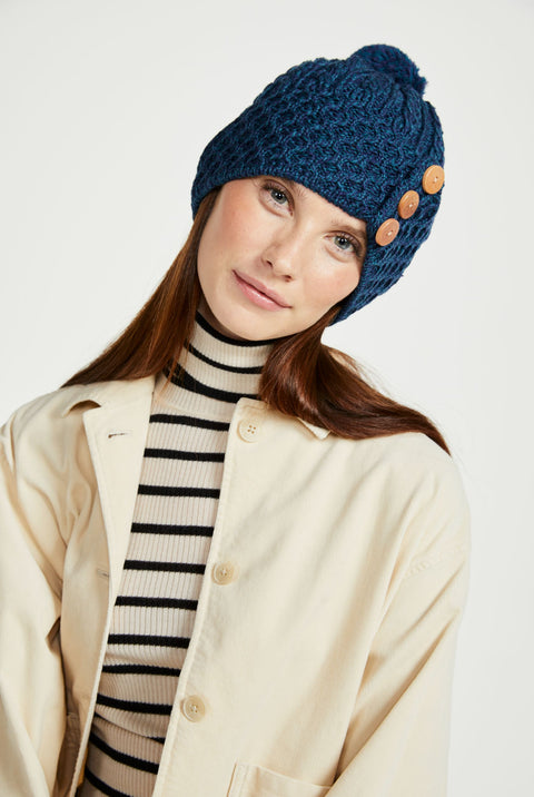 Shrule Aran Hat with Pom Pom - Atlantic Blue