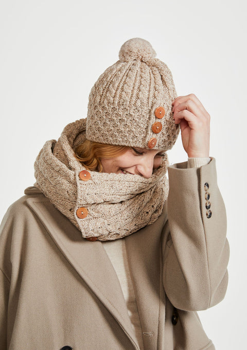 Ladies' hat, merino wool, wool hats,aran, knitwear, made in Ireland, Hat & Scarf, gift, oat, Ireland, pom pom