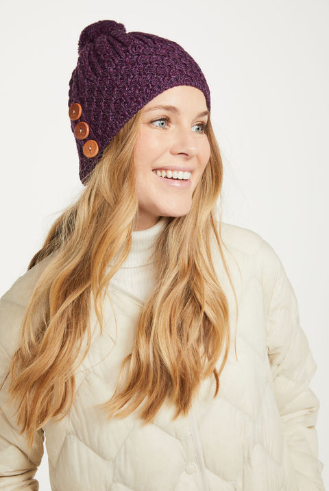 Shrule Aran Hat with Pom Pom - Purple